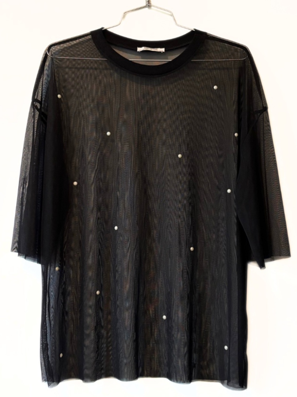 Zara Black Sheer Mesh Top with Pearl-Like Embellishments Size S